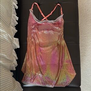 White fox Iconic Image Pink and Gold Sequin Dress with adjustable Straps
